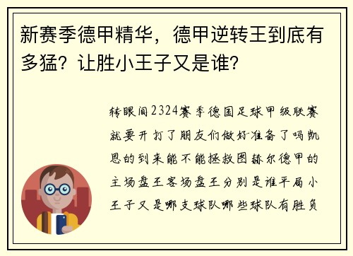 新赛季德甲精华，德甲逆转王到底有多猛？让胜小王子又是谁？